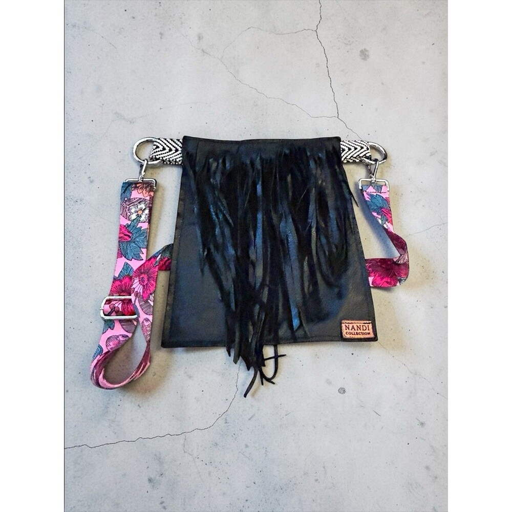 Nandi Collection Black Fringe Cross Body Leather Purse Handcrafted Unlined